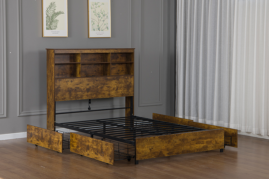 4831D Holz-Bettgestell im Retro-Industrie-Stil