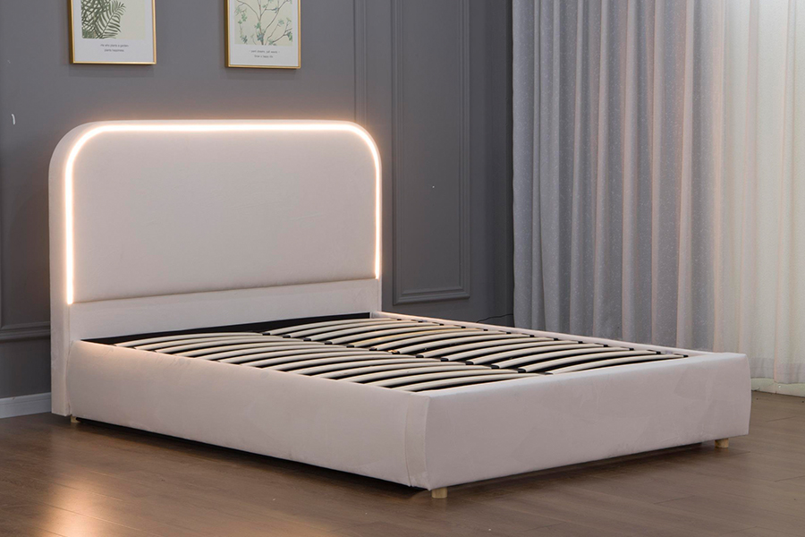 5032-1G Gebogenes Kopfteil aus Holz mit gepolstertem LED-Bettrahmen