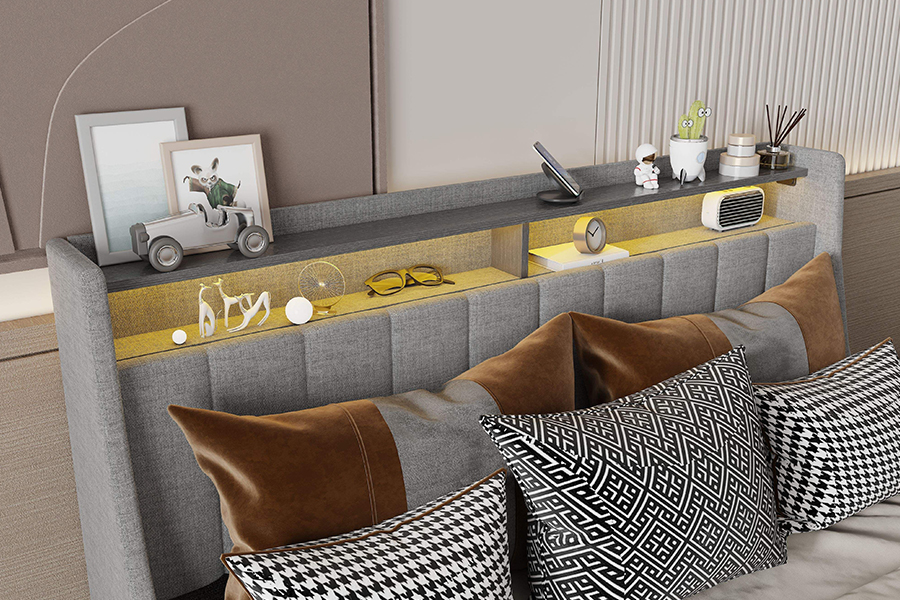 N2 graues Stoffbett, umweltfreundliche Materialien, LED-gepolsterter Bettrahmen