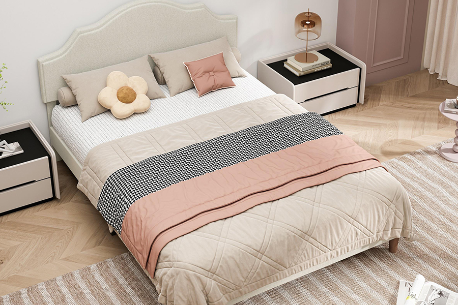 N21 Hochwertiges Queen-Size-Polsterbett aus beigem Stoff