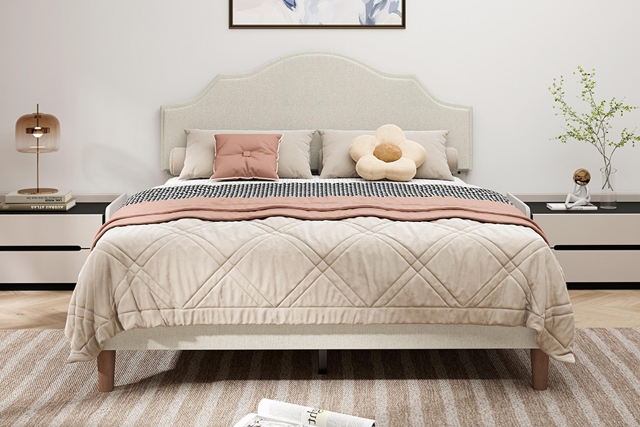 N21 Hochwertiges Queen-Size-Polsterbett aus beigem Stoff