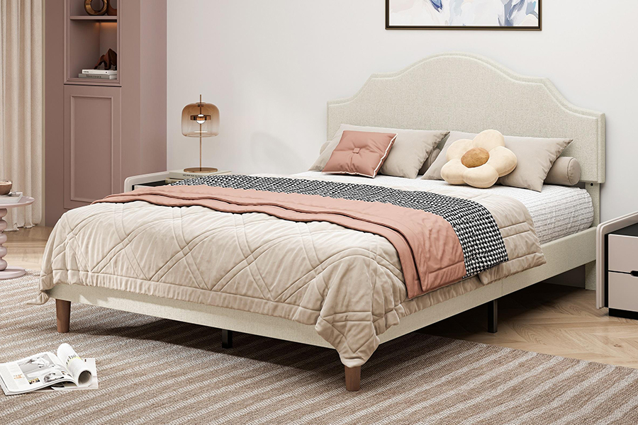 N21 Hochwertiges Queen-Size-Polsterbett aus beigem Stoff