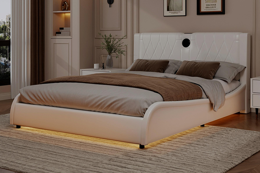 N8 verstellbares Plattformbett, modernes weißes weiches Bett, gepolsterter Bettrahmen mit LED