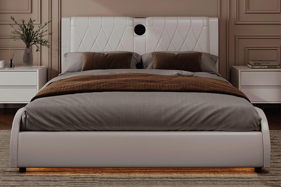 N8 verstellbares Plattformbett, modernes weißes weiches Bett, gepolsterter Bettrahmen mit LED