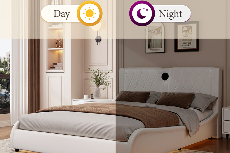 N8 verstellbares Plattformbett, modernes weißes weiches Bett, gepolsterter Bettrahmen mit LED
