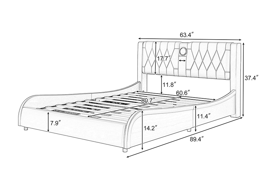 N8 verstellbares Plattformbett, modernes weißes weiches Bett, gepolsterter Bettrahmen mit LED