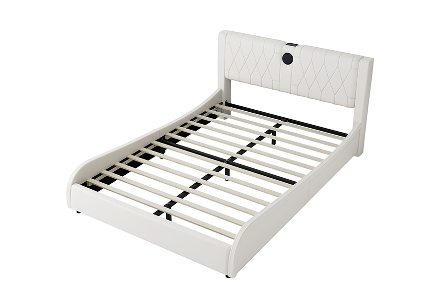 N8 verstellbares Plattformbett, modernes weißes weiches Bett, gepolsterter Bettrahmen mit LED