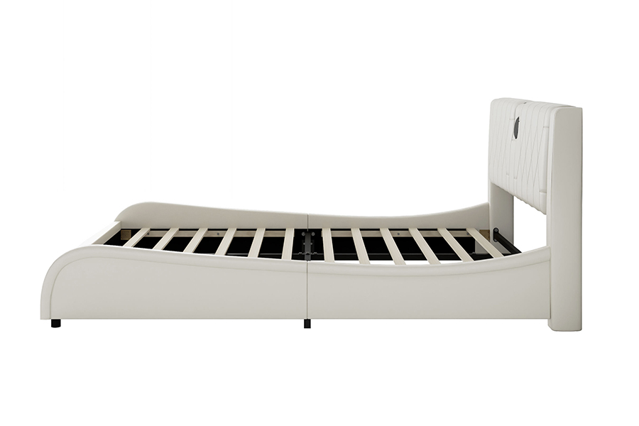 N8 verstellbares Plattformbett, modernes weißes weiches Bett, gepolsterter Bettrahmen mit LED