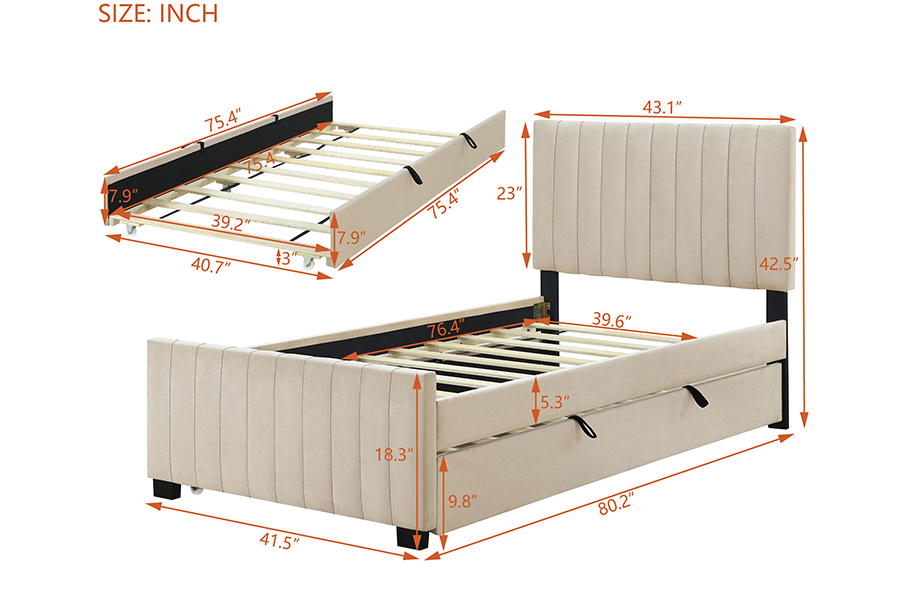 N9 Robuster, umweltfreundlicher, gepolsterter Bettrahmen mit ausziehbarem Etagenbett