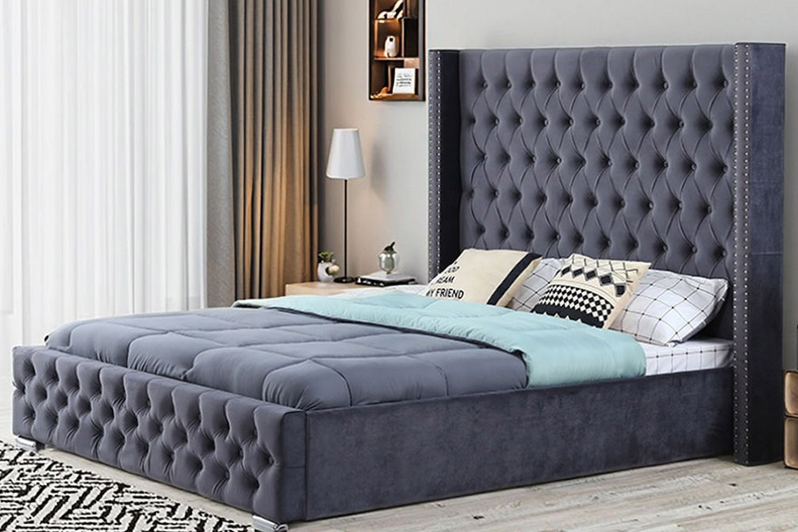 1351 Modernes, luxuriöses Design-Wingback-Bett, gepolstertes Bett