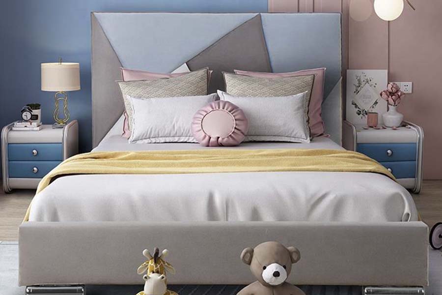 1571 Einzelbett aus Kunstleder mit farbcodiertem Kopfteil für Kinder