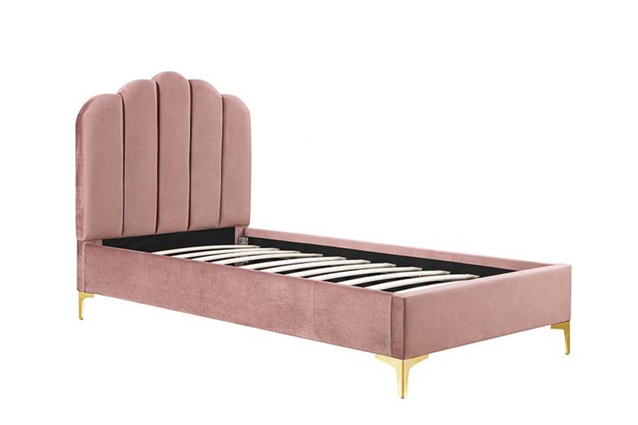 1655 Plattformbett, gepolstertes Bett aus rosa Leinenstoff