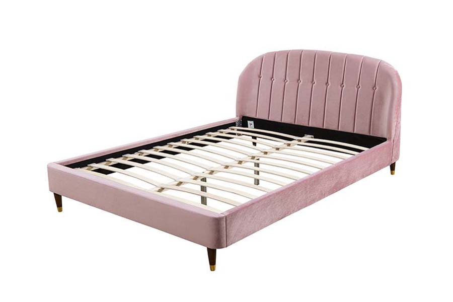 1598 Polsterbett aus rosa Samtstoff mit Holzpaneel