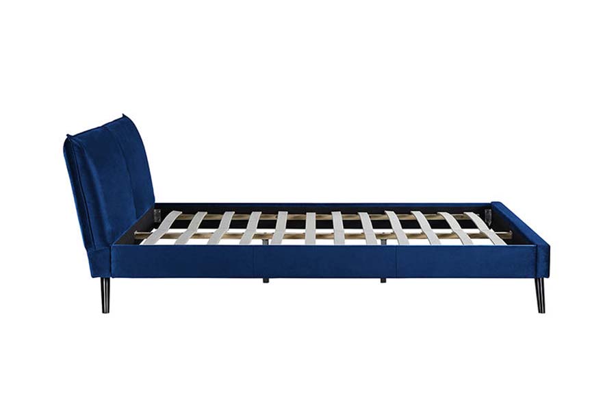 1494 Queensize-Bett mit Holzbeinen, blaues Polsterbett mit weichem Kopfteil