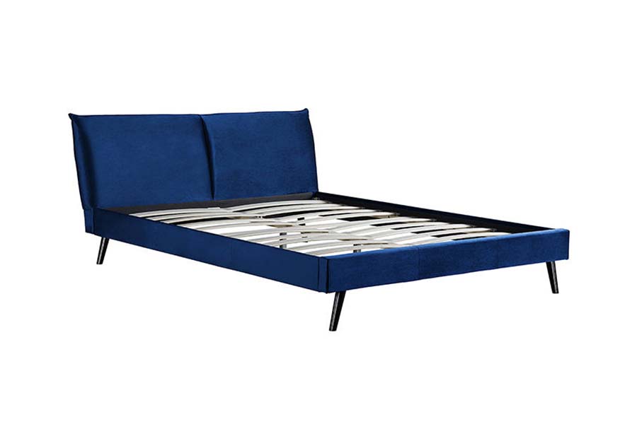 1494 Queensize-Bett mit Holzbeinen, blaues Polsterbett mit weichem Kopfteil