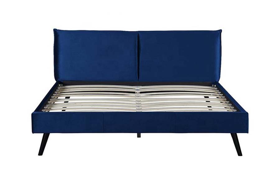 1494 Queensize-Bett mit Holzbeinen, blaues Polsterbett mit weichem Kopfteil