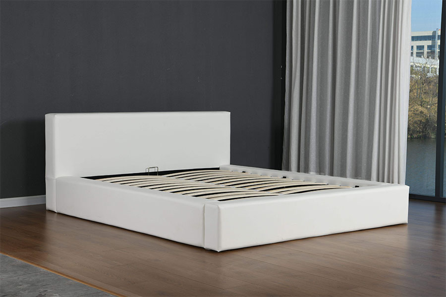 4246 Skandinavischer, minimalistischer Bettrahmen aus Kunstleder mit Stauraum