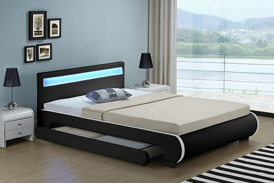 1135-1D Bett mit LED-Aufbewahrung und gepolsterter Schublade aus PU-Leder