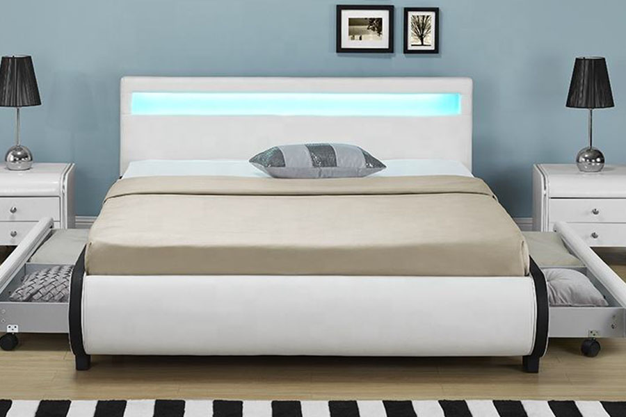 1135-1D Bett mit LED-Aufbewahrung und gepolsterter Schublade aus PU-Leder