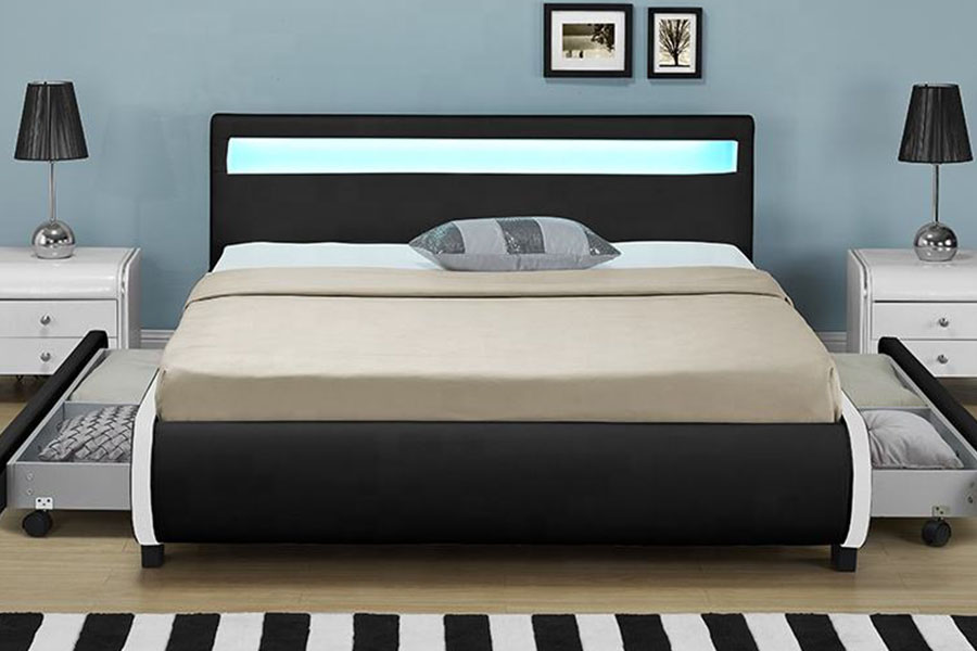 1135-1D Bett mit LED-Aufbewahrung und gepolsterter Schublade aus PU-Leder