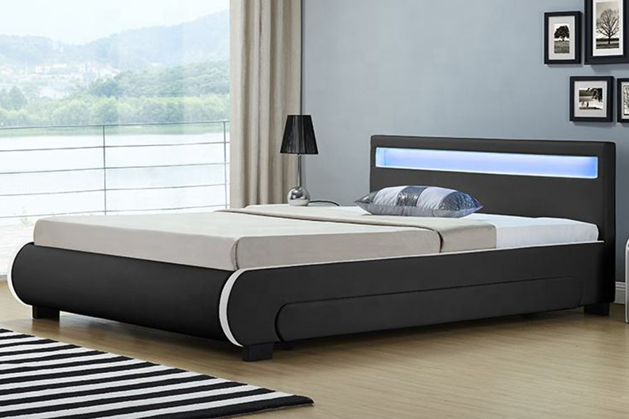 1135-1D Bett mit LED-Aufbewahrung und gepolsterter Schublade aus PU-Leder