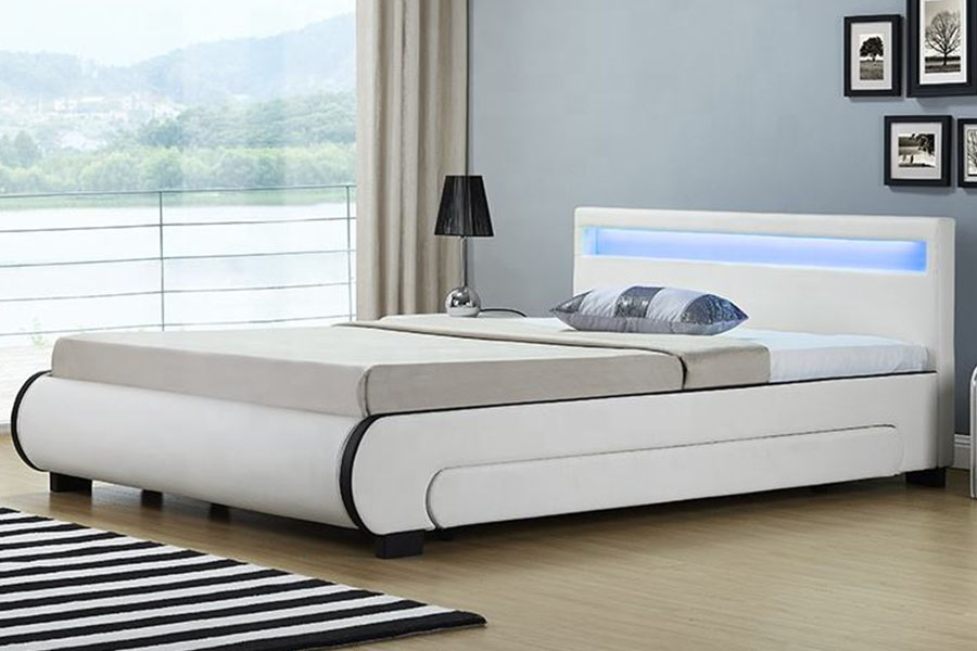 1135-1D Bett mit LED-Aufbewahrung und gepolsterter Schublade aus PU-Leder