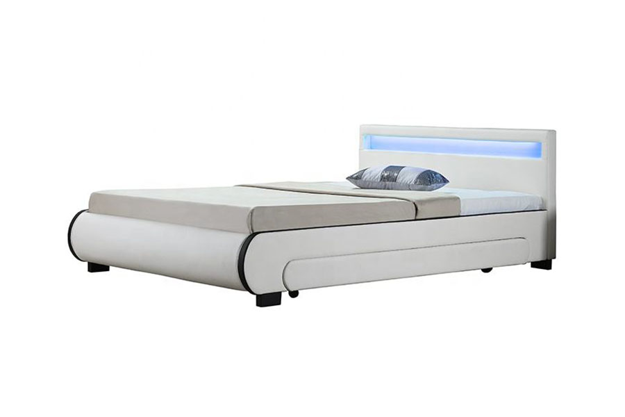 1135-1D Bett mit LED-Aufbewahrung und gepolsterter Schublade aus PU-Leder