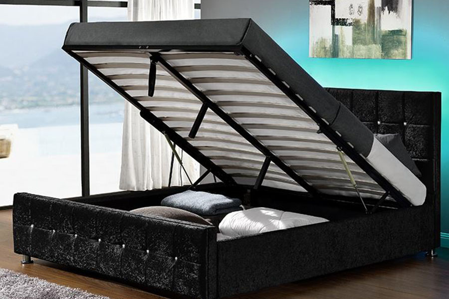 1149-1G Modernes Bett aus Chenille-Samt mit LED-Gaslift und Stauraum