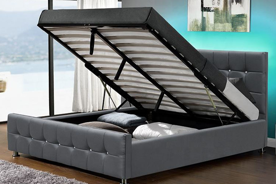 1149-1G Modernes Bett aus Chenille-Samt mit LED-Gaslift und Stauraum