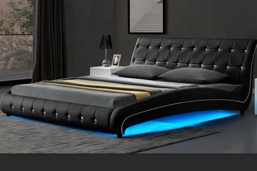 1144-1 Luxus-LED-Polsterbettgestell aus getuftetem Kunstleder