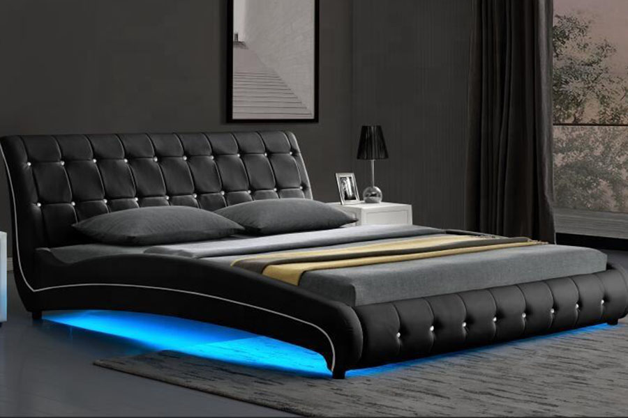1144-1 Luxus-LED-Polsterbettgestell aus getuftetem Kunstleder