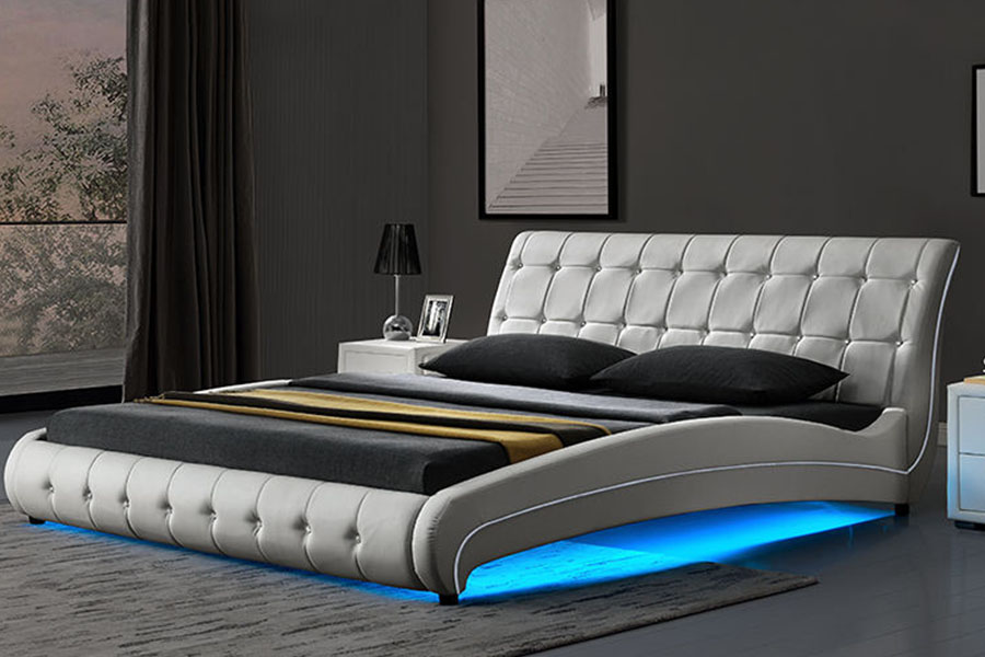 1144-1 Luxus-LED-Polsterbettgestell aus getuftetem Kunstleder