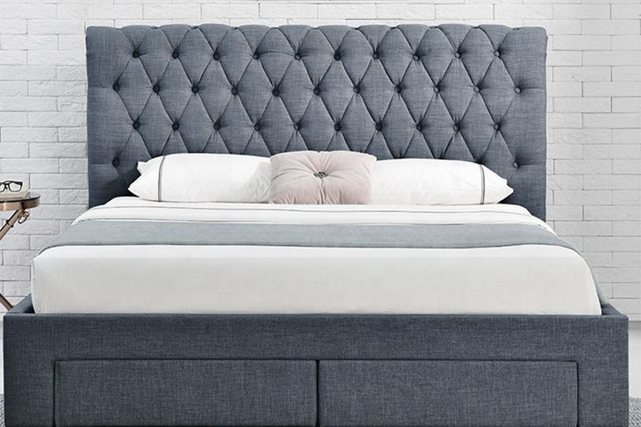 1217D Europäisches Bettgestell aus Samt mit Rhombus-Kopfteil, King-Size-Bett und Stauraum mit vier Schubladen