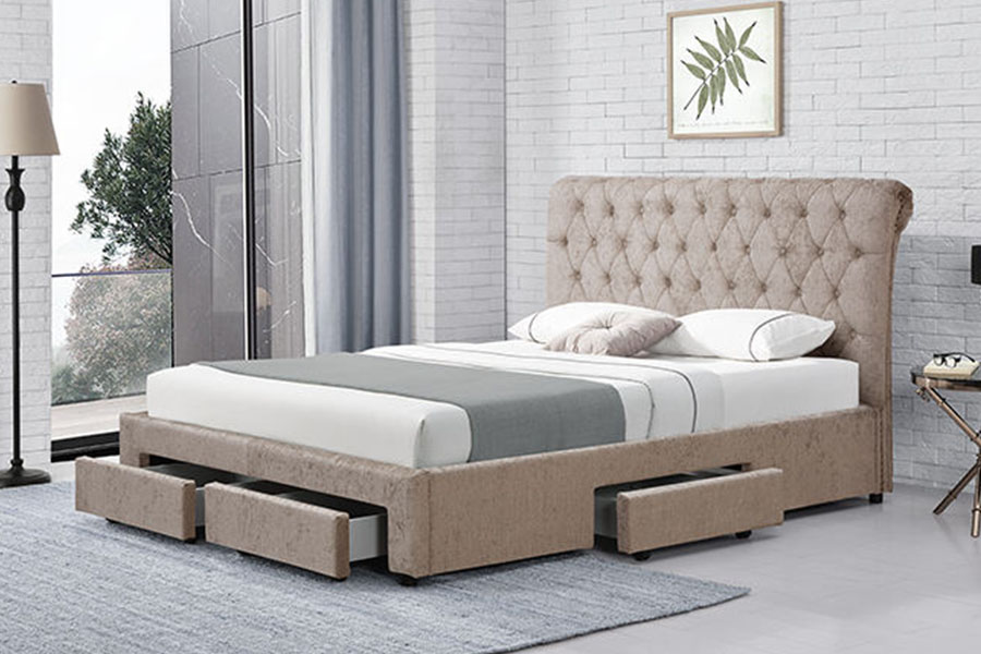 1217D Europäisches Bettgestell aus Samt mit Rhombus-Kopfteil, King-Size-Bett und Stauraum mit vier Schubladen