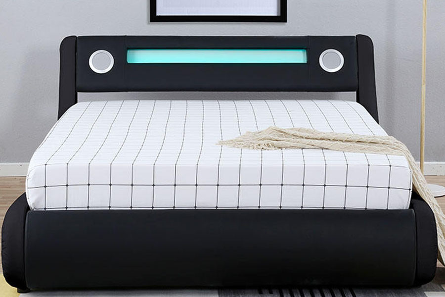 1324-1GS Wunderschöner LED-Lautsprecher, gepolsterter Bettrahmen aus Leder mit Gasdruckfeder und Stauraum