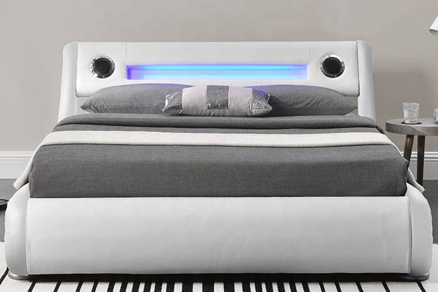 1324-1GS Wunderschöner LED-Lautsprecher, gepolsterter Bettrahmen aus Leder mit Gasdruckfeder und Stauraum