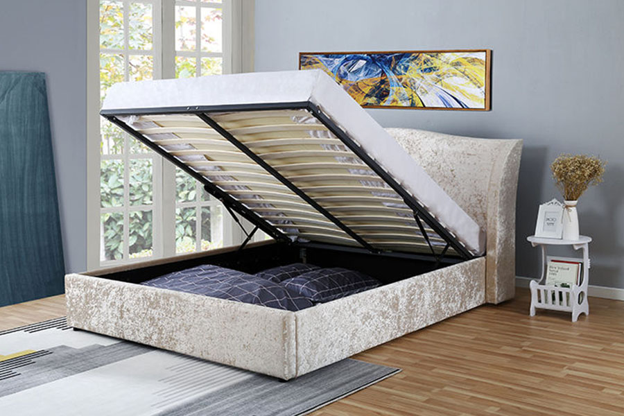 1320G Ottoman-Polsterbettgestell mit Stauraum in Champagner-Samt-Austern-Finish