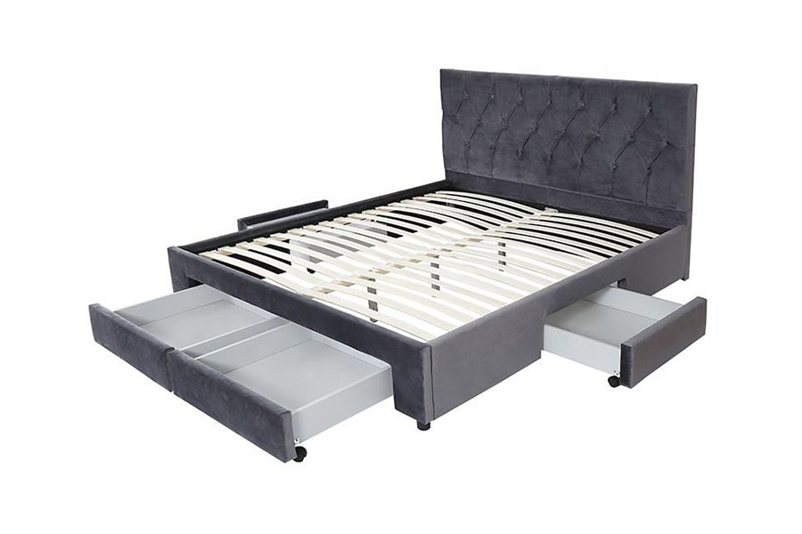 1406D Velvet King Bettgestell mit Holzsockel und gepolstertem Stauraum