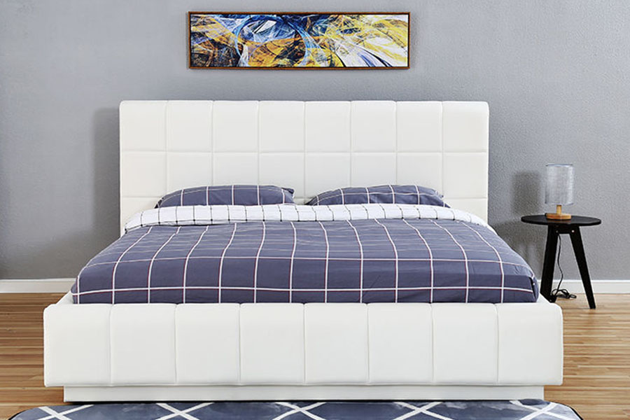 1305G Dreiseitiger LED-Schlafzimmer-Polsterbettrahmen aus weißem PU-Leder mit Stauraum