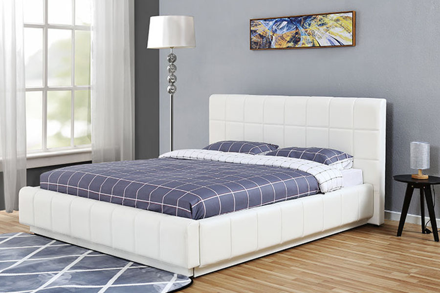 1305G Dreiseitiger LED-Schlafzimmer-Polsterbettrahmen aus weißem PU-Leder mit Stauraum