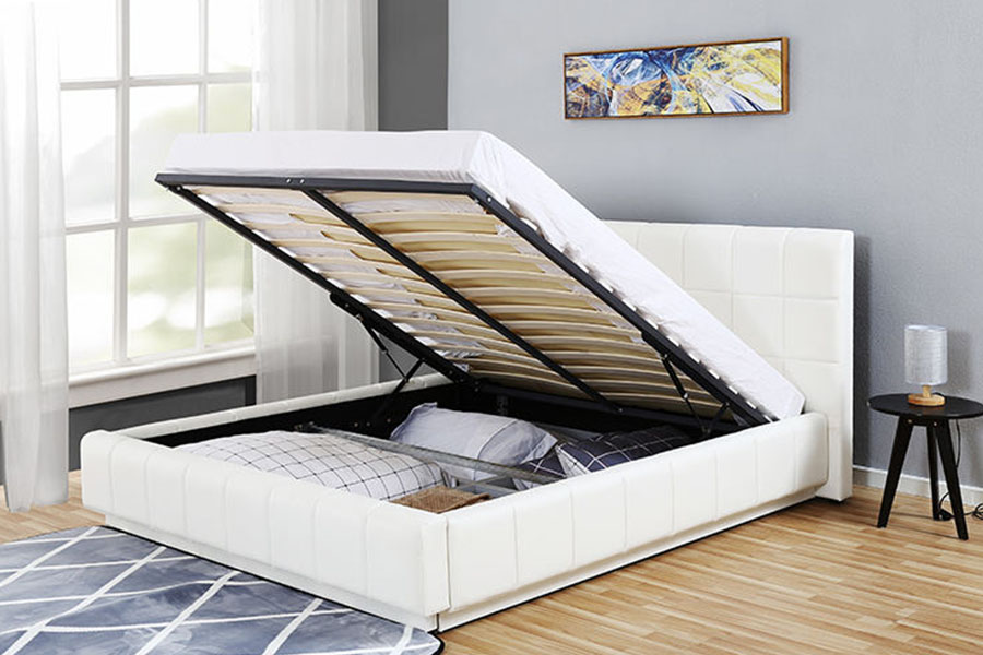 1305G Dreiseitiger LED-Schlafzimmer-Polsterbettrahmen aus weißem PU-Leder mit Stauraum