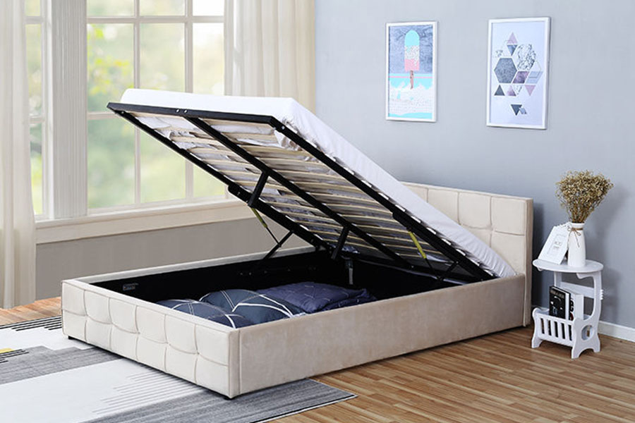 1295G Bettgestell mit gepolstertem Ottomane-Bettgestell aus Stoff mit Queen-Size-Bett und Stauraum
