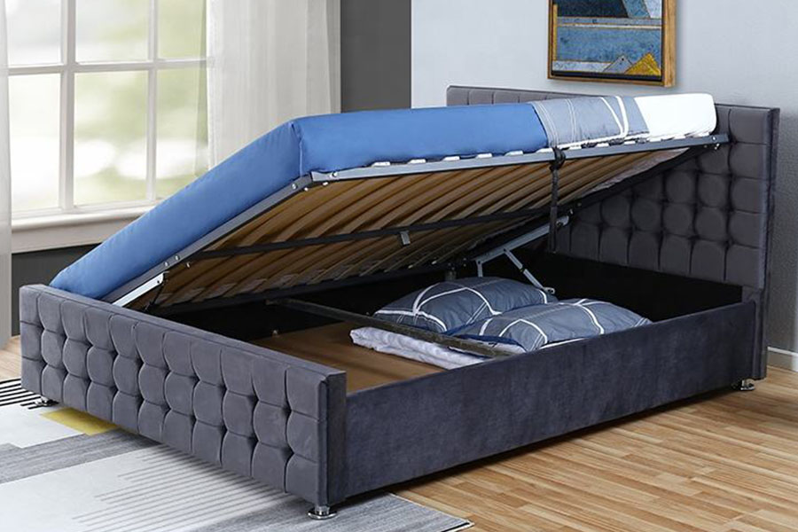 1354G King-Size-Ottomane-Bettgestell mit Stauraum aus massivem Holz mit getuftetem Samtpaneel