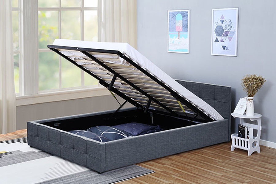1295G Bettgestell mit gepolstertem Ottomane-Bettgestell aus Stoff mit Queen-Size-Bett und Stauraum