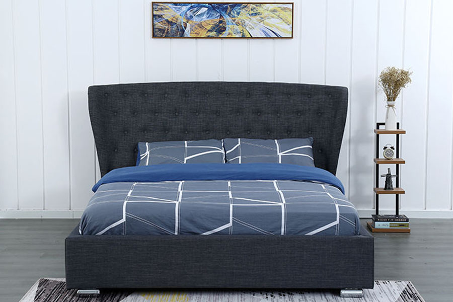 1292G Europäisches Wingback-Polsterbett aus grauem Leinen mit geknöpften Holzbeinen