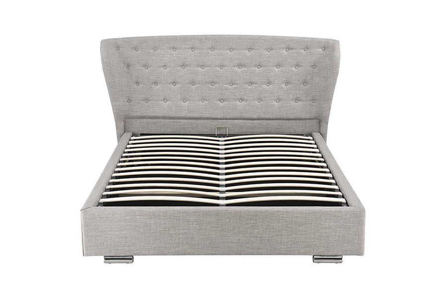 1292G Europäisches Wingback-Polsterbett aus grauem Leinen mit geknöpften Holzbeinen