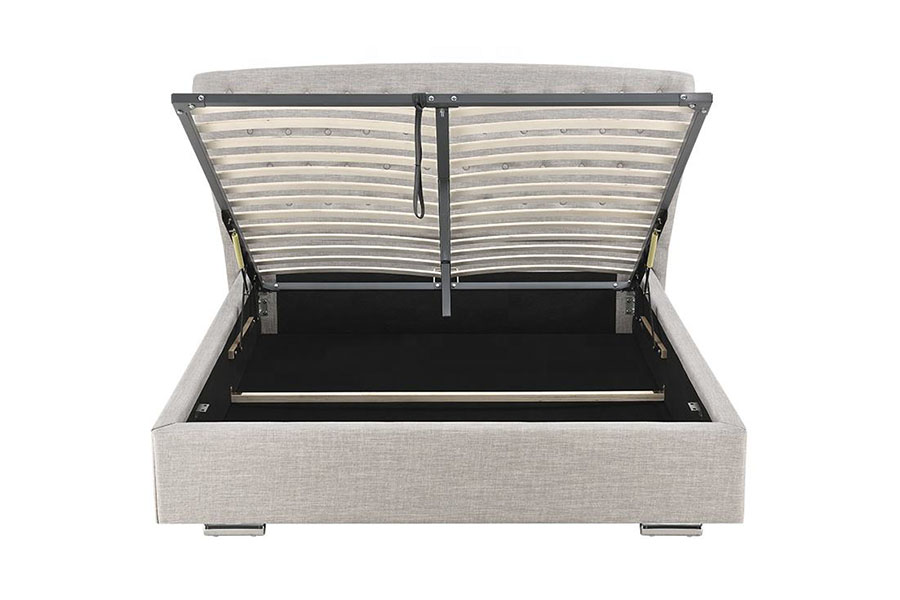 1292G Europäisches Wingback-Polsterbett aus grauem Leinen mit geknöpften Holzbeinen