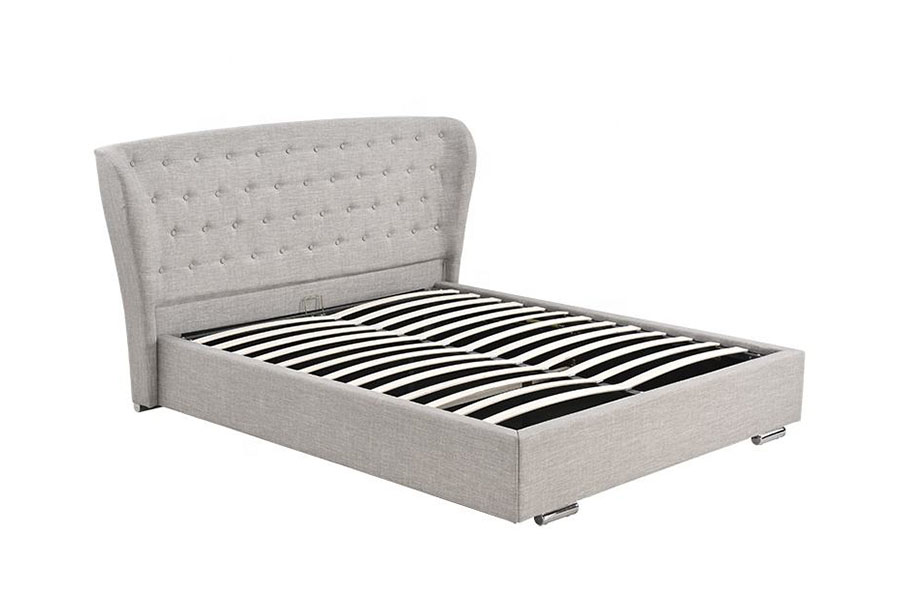1292G Europäisches Wingback-Polsterbett aus grauem Leinen mit geknöpften Holzbeinen
