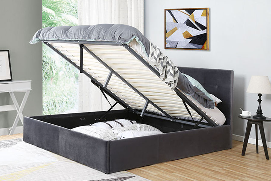 1274G Getufteter, platzsparender Bettrahmen aus Leder mit hydraulischem Lift und Stauraum für Queen-Size-Betten